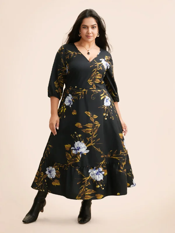 Plus size dresses with high waists define curves -Floral Print V Neck Lantern Sleeve Dress