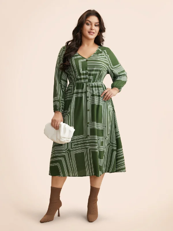 Plus size dresses for everyday wear stay tough -Geometric Button Detail Lantern Sleeve Dress