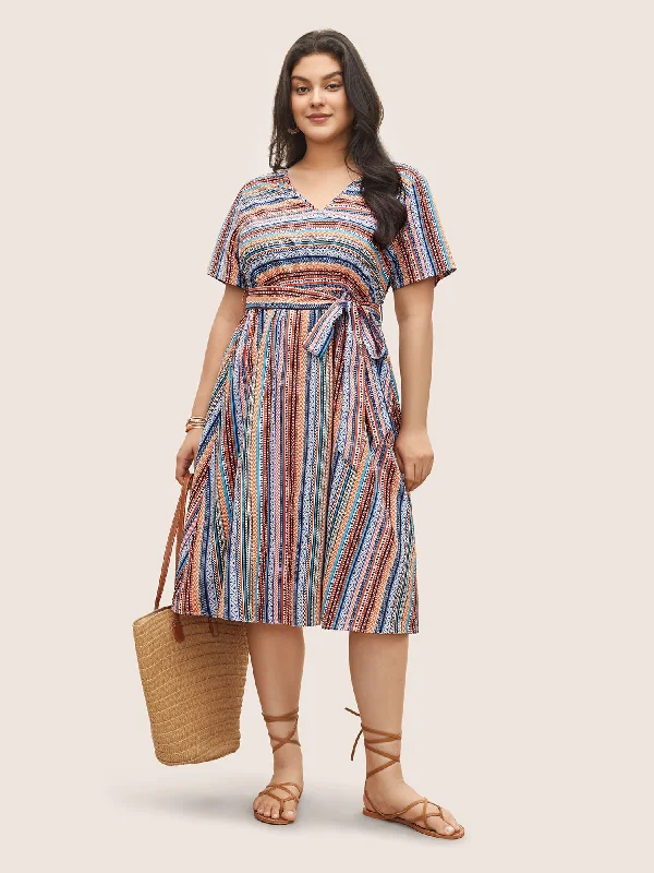 Plus size dresses with playful details add charm -Bandana Striped Belted Pocket Dress