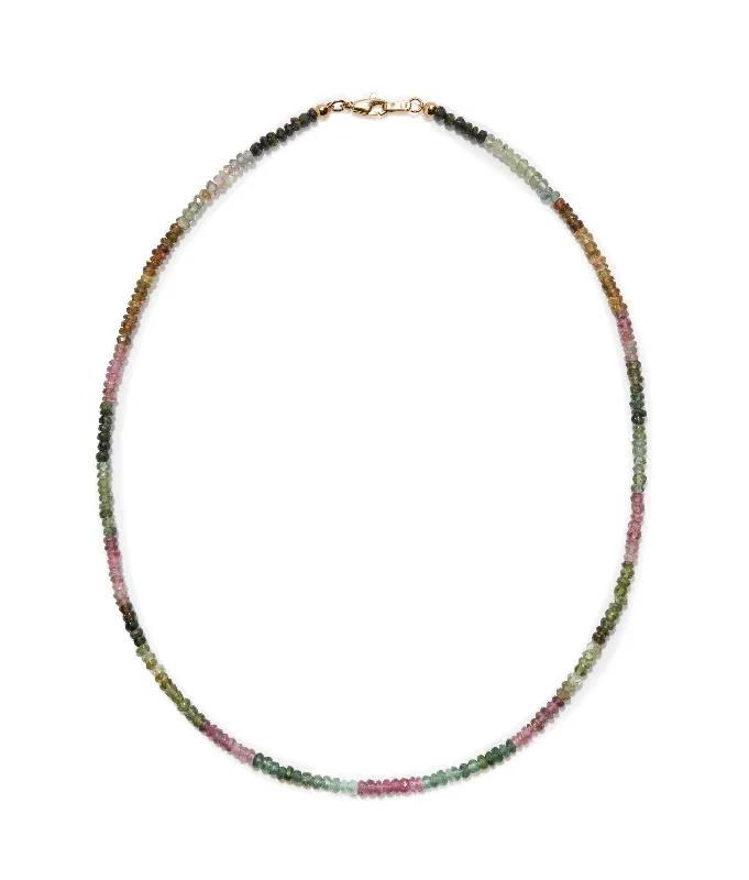 Necklaces and pendants with matching rings for a coordinated set of jewelry-Tiny Beaded 14k Gold Necklace in Rainbow Tourmaline