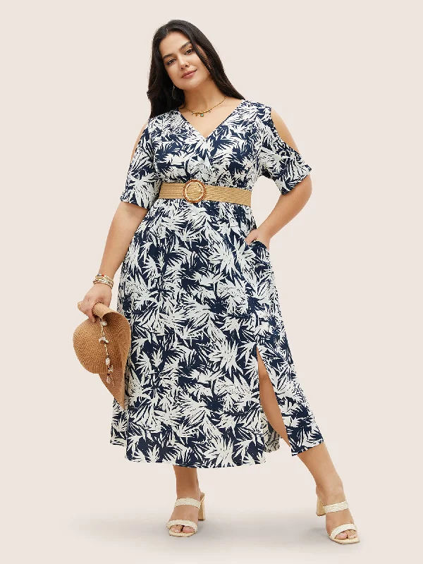 Plus size dresses for spring bloom with grace -Tropical Print Overlap Collar Shirred Cut Out Dress