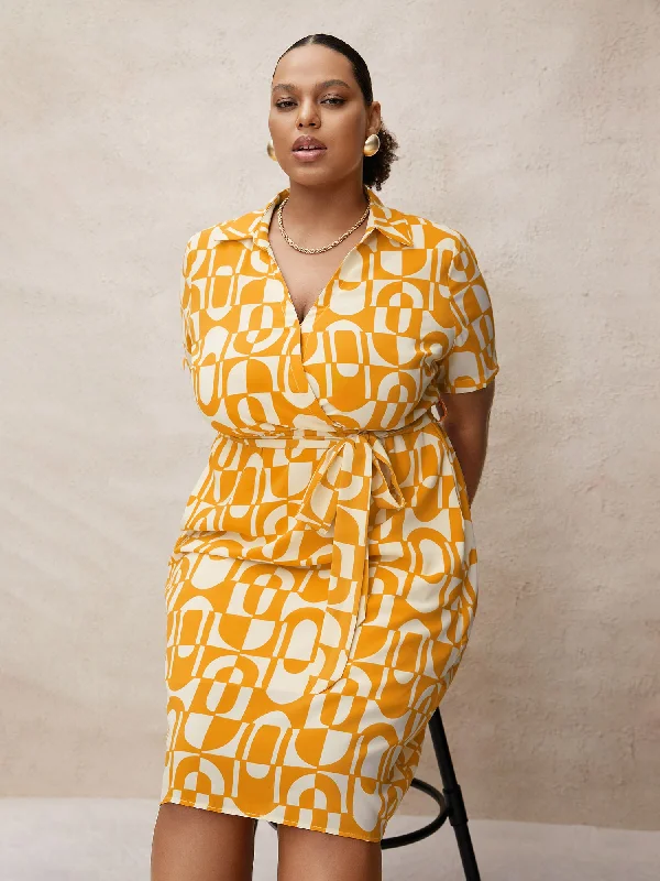 Plus size dresses with lightweight knits feel breezy -Overlap Collar Geometric Belted Midi Dress