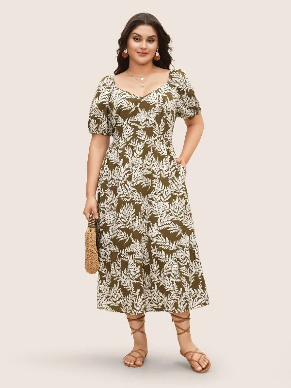 Plus size dresses featuring fringe accents feel bold -Tropical Print Lantern Sleeve Midi Dress