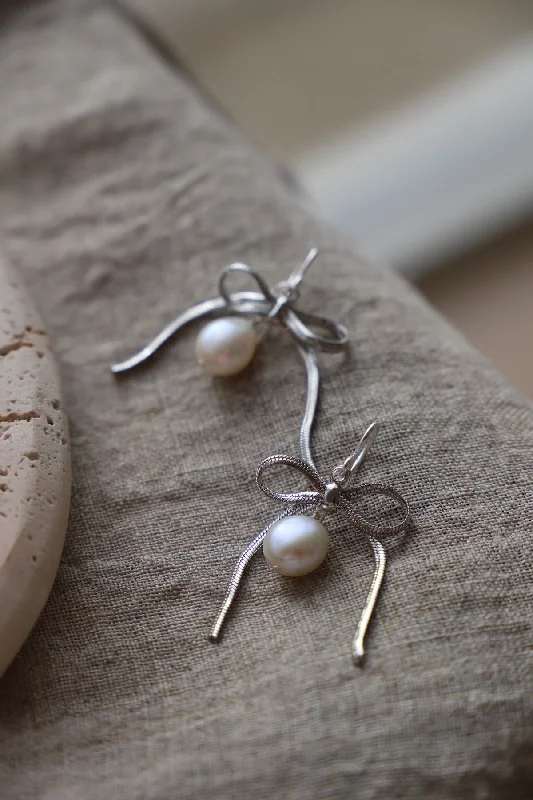 Small Drop Earrings for Delicate -Long drop earrings for evening wear -SLOANE RIBBON AND PEARL EARRINGS