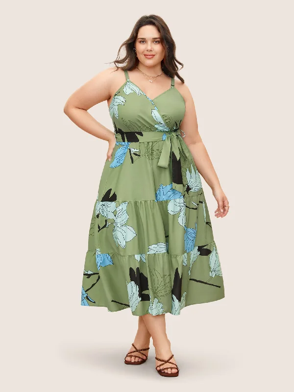 Plus size dresses with soft skirts feel light -Floral Print Wrap Ruffle Layered Hem Cami Dress