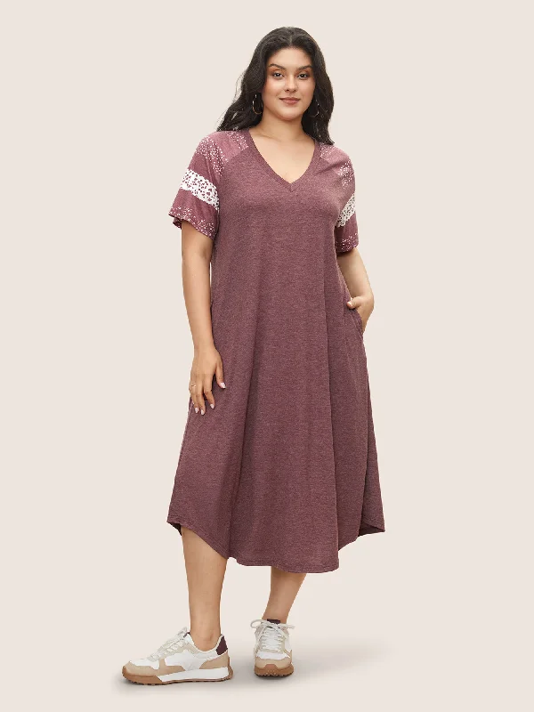 Plus size dresses featuring chiffon layers feel airy -Ditsy Floral Patchwork Raglan Sleeve Pocket Dress