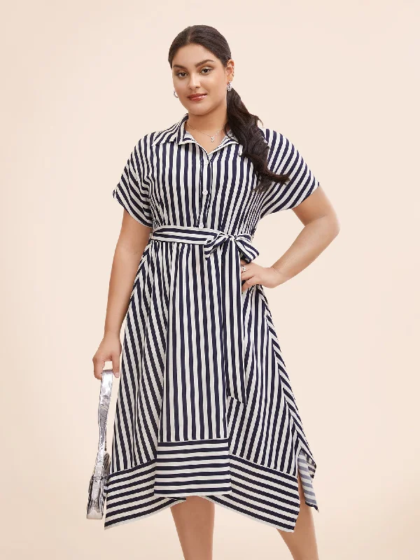 Plus size dresses with elastic waists stretch easily -Shirt Collar Striped Hanky Hem Dress