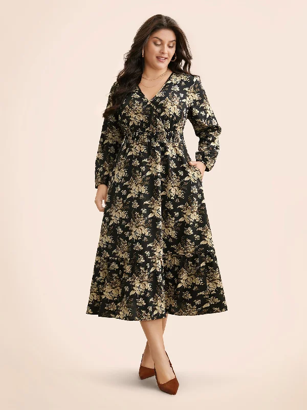 Plus size dresses for evening wear glow softly -Floral Overlap Collar Shirred Midi Dress