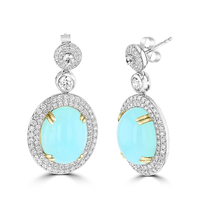 Drop Earrings with Enamel Coating -Drop earrings with vintage-inspired design for timeless elegance -JULEVE 18KT GOLD BLUE OPAL & DIAMOND OVAL HALO DROP EARRINGS