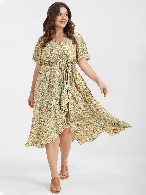 Plus size dresses for fancy nights shine bright -Ditsy Floral Ruffles Ties Split V Neck Dress