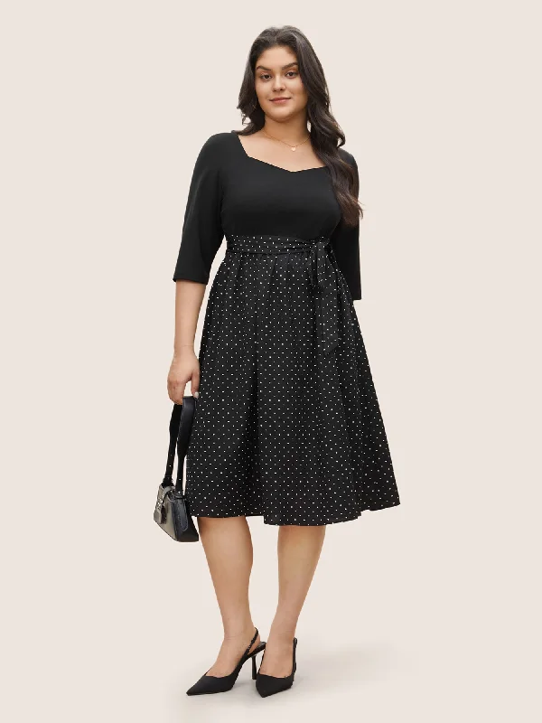 Plus size dresses with tie waists adjust perfectly -Polka Dot Patchwork Belted Square Neck Dress