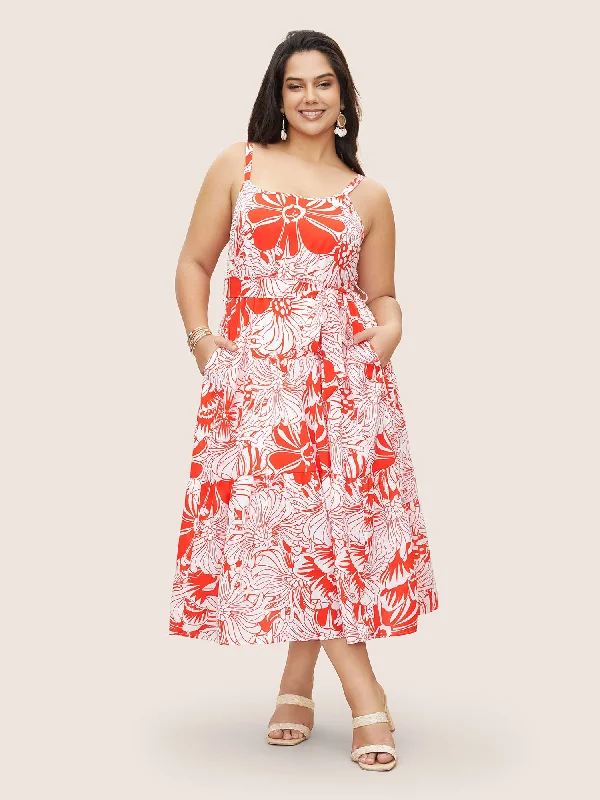 Plus size dresses with high necklines look refined -Flora Print Ruffle Layered Hem Cami Dress