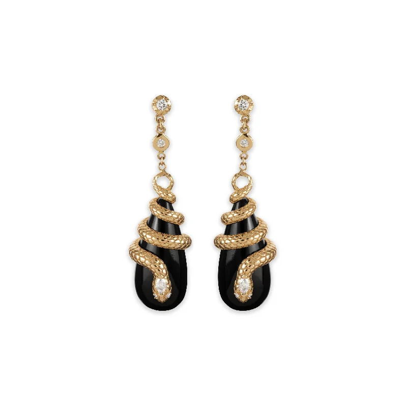 Drop Earrings for Engagement Party -Drop earrings with Swarovski crystals for glamour -DIAMOND SNAKE WRAPPED ONYX DROPLET EARRINGS