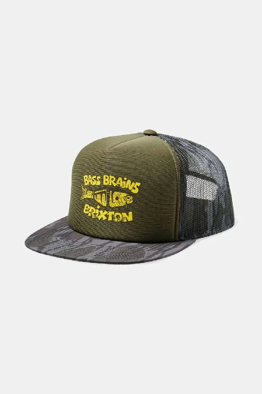 Embroidered sports cap for team pride display -Bass Brains Bait Netplus Trucker Hat - BB Camo