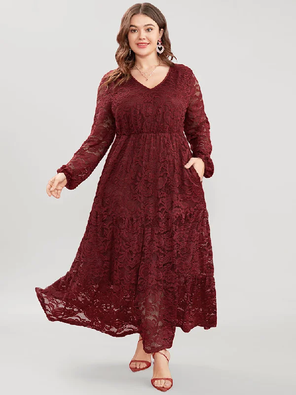 Plus size dresses featuring ombre effects look artsy -Solid Crochet Lace Lantern Sleeve Pocket Flutter Maxi Dress