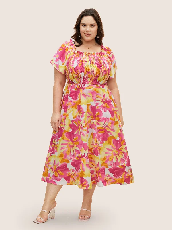 Plus size dresses with classic vibes never age -Floral Square Neck Shirred Frill Trim Midi Dress