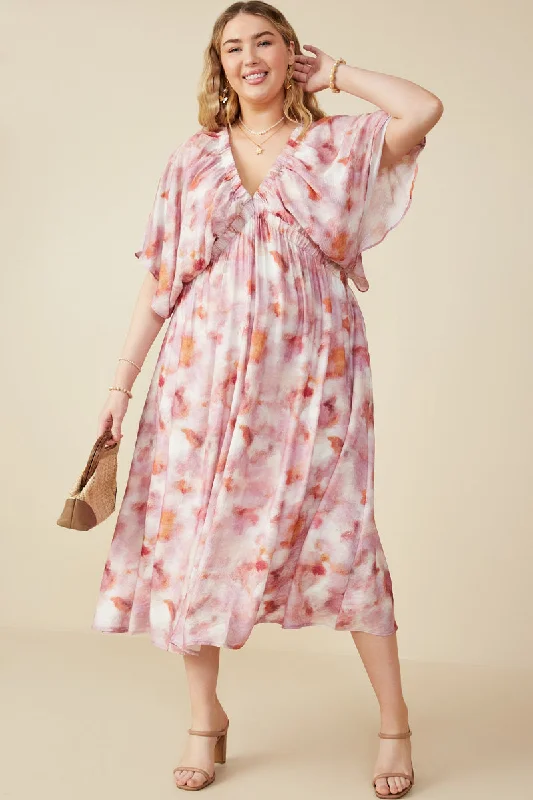 Plus size dresses featuring pleated skirts flow nicely -Hazy Floral Elastic Detail Dress