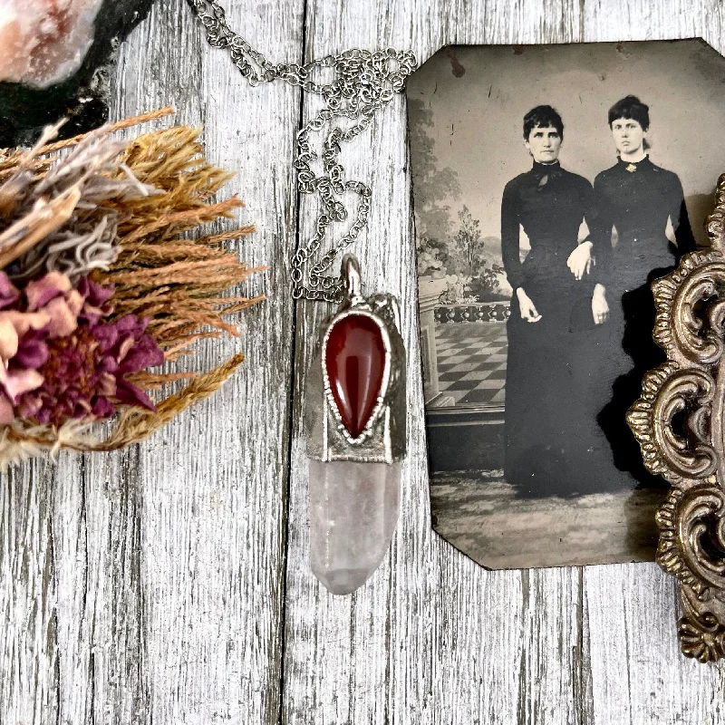 Simple necklaces and pendants with tiny charms for a delicate and casual vibe-Large Raw Clear Quartz & Carnelian Crystal Statement Necklace in Fine Silver / Foxlark Collection - One of a Kind /