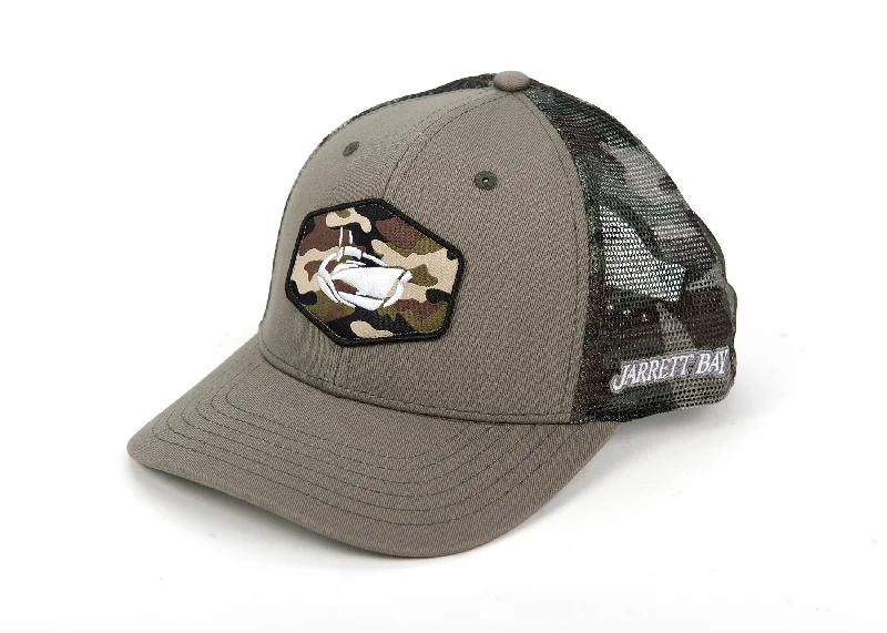 Soft cap for sensitive scalp comfort -Jarrett Bay Camo Classic Patch Trucker