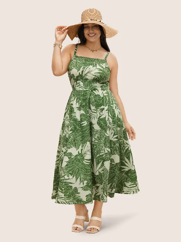 Plus size dresses for office chic stay crisp -Tropical Print Adjustable Straps Maxi Dress