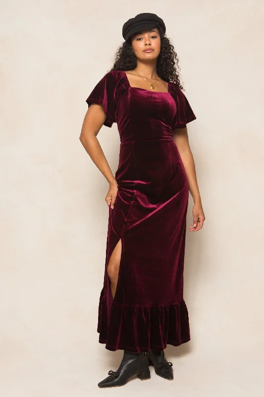 Plus size dresses with fit-and-flare shapes flatter -Maddie Dress in Wine Velvet - FINAL SALE