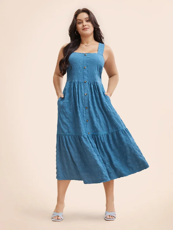 Plus size dresses for outdoor events stay comfy -Textured Button Detail Ruffle Layered Hem Dress