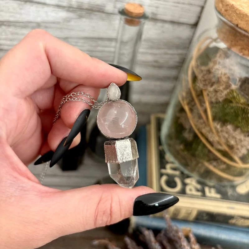 Stunning necklaces and pendants with chakra stones for healing and balance-Crystal Necklace - Rose Quartz Ball, Included Quartz Point and Clear Quartz set in Fine Silver / One of a Kind - by Foxlark (Copy)