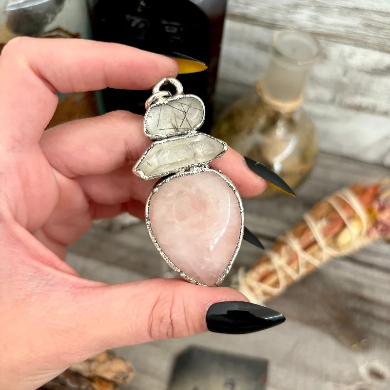 Layered necklaces and pendants for a trendy and fashionable stacked look-Three Stone Necklace Rose Quartz Clear Quartz Tourmaline Quartz Silver / Foxlark Collection