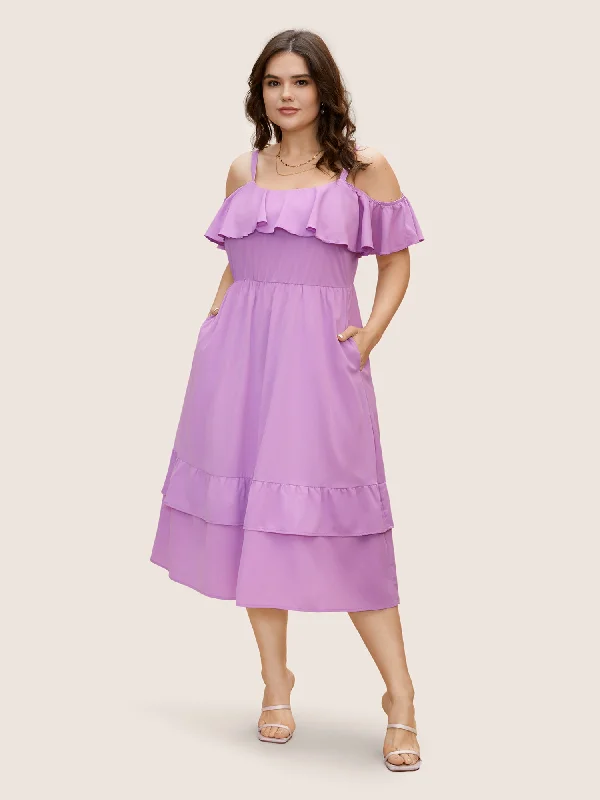 Plus size dresses for elegant dinners glow softly -Off Shoulder Neck Tiered Ruffles Midi Dress