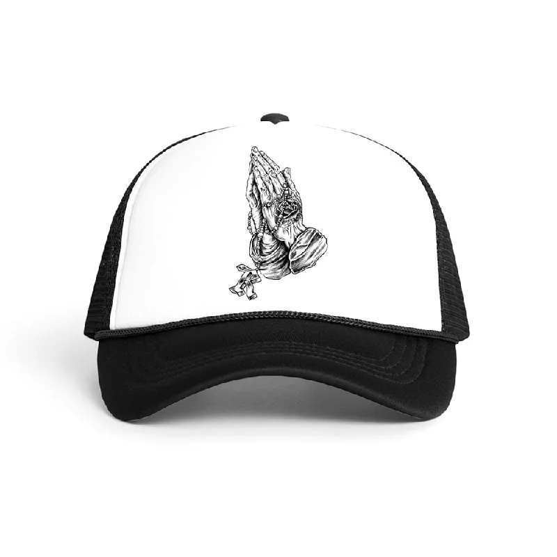 Embroidered sports cap for team pride display -Give Thanks Blessings Foam Mesh Retro Trucker Hat [WHT X BLACK] LIMITED EDITION