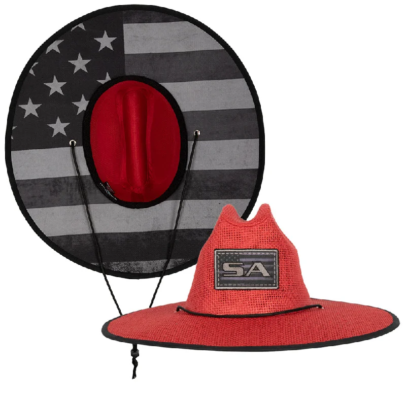 Adjustable strap cap for custom size comfort -Keys Under Brim Straw Hat | Blackout American Flag | Red