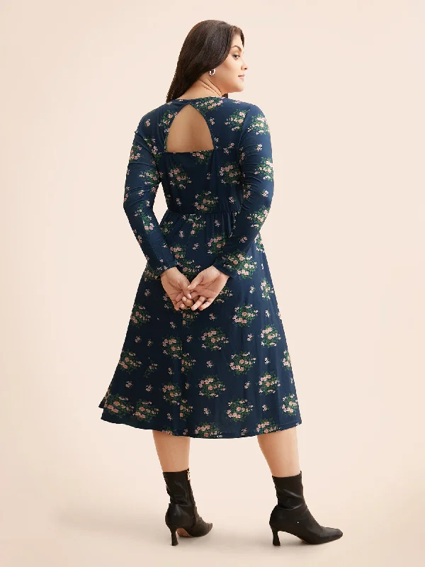 Plus size dresses with tough fabrics age well -Square Neck Floral Cut Out Dress