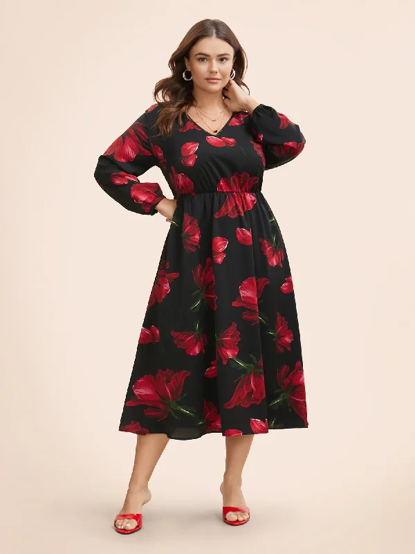 Plus size dresses with soft textures feel cozy -Floral Elastic Waist Lantern Sleeve Dress