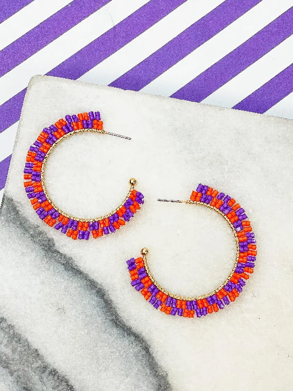 Drop Earrings for Anniversary -Trendy drop earrings with asymmetrical designs -Game Day Checkered Beaded Hoop Earrings - Purple & Orange