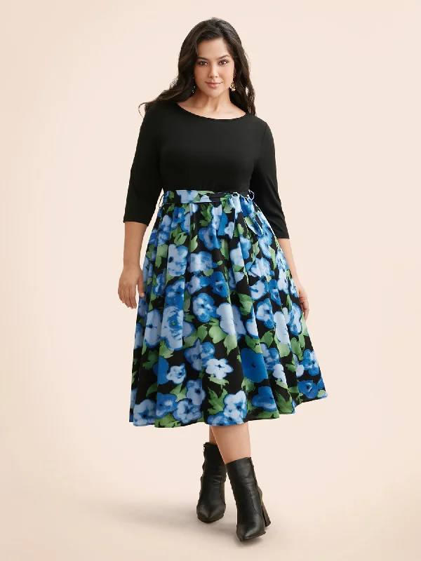 Plus size dresses with comfy flows feel gentle -Round Neck Floral Patchwork Belted Dress