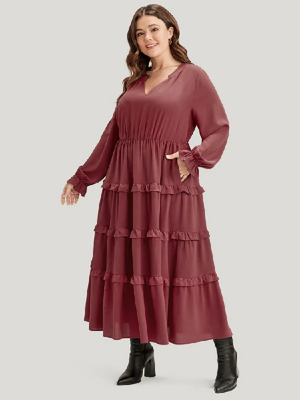 Plus size dresses featuring neutral tones pair easily -Solid Lantern Sleeve Pocket Ruffle Hem Dress