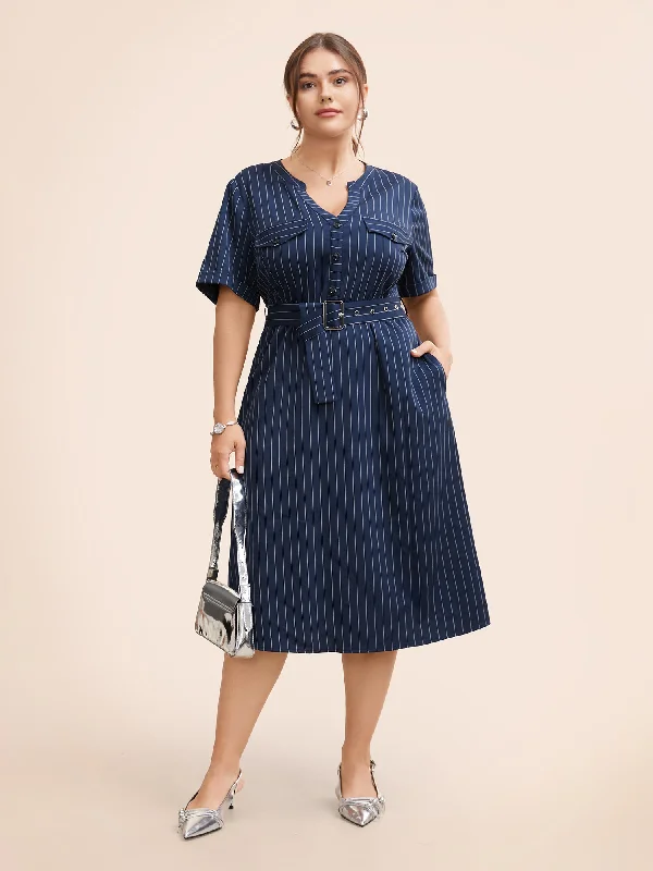 Plus size dresses for casual Fridays stay relaxed -Striped Notched Button Detail Belted Dress