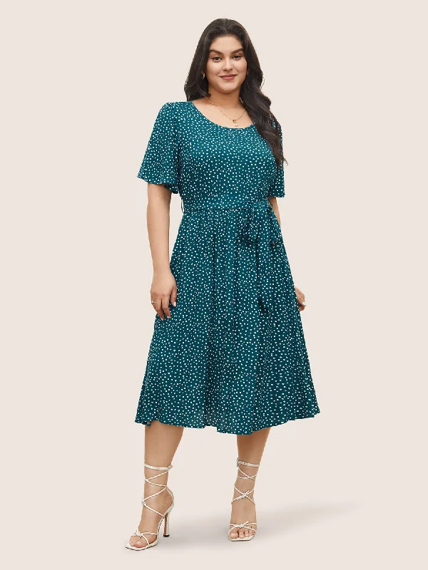 Plus size dresses with timeless cuts suit all -Polka Dot Belted Flutter Sleeve Crew Neck Dress