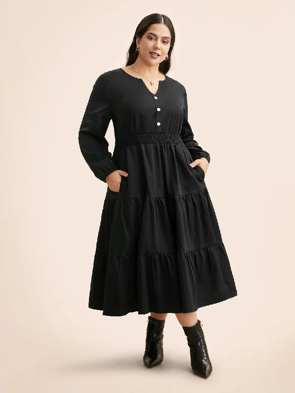 Plus size dresses with comfy fits ease days -Notched Button Detail Ruffle Layered Hem Dress