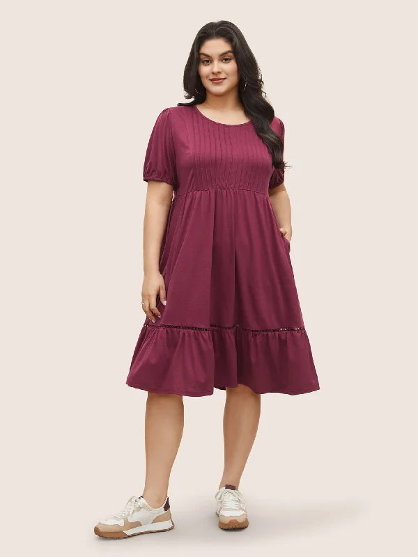 Plus size dresses with stretch panels move freely -Supersoft Essentials Plain Pleated Patchwork Ruffle Hem Dress