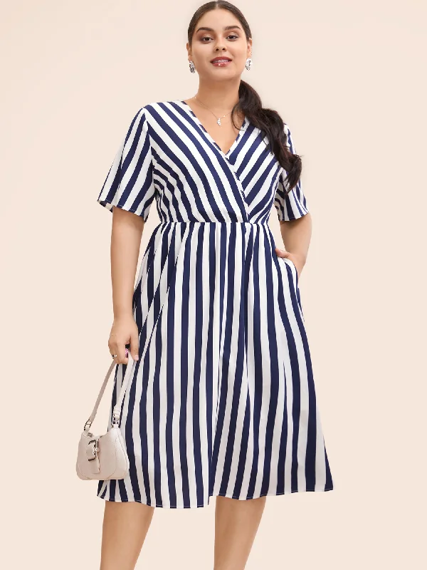 Plus size dresses with supportive fits lift spirits -Striped Overlap Collar Ruffle Sleeve Midi Dress