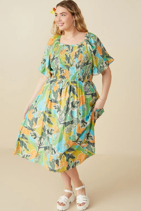 Plus size dresses with cap sleeves feel dainty -Vivid Botanical Print Smocked Square Neck Dress