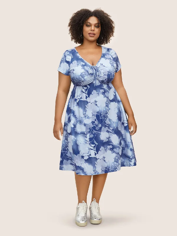 Plus size dresses for outdoor parties stay fun -V Neck Floral Drawstring Pocket Dress