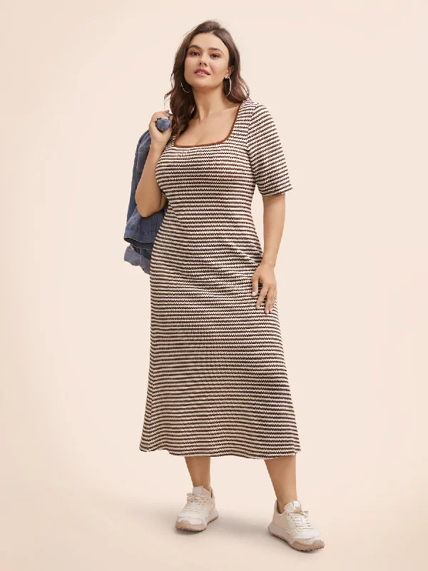 Plus size dresses with sleek necks stay elegant -Striped Textured Square Neck Midi Dress