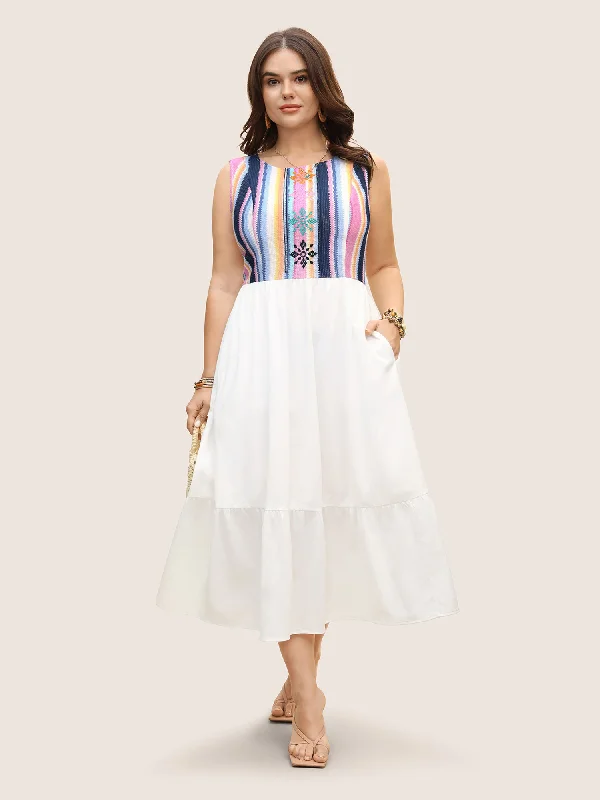 Plus size dresses for summer nights shimmer lightly -Floral Embroidered Woven Ribbon Patchwork Dress