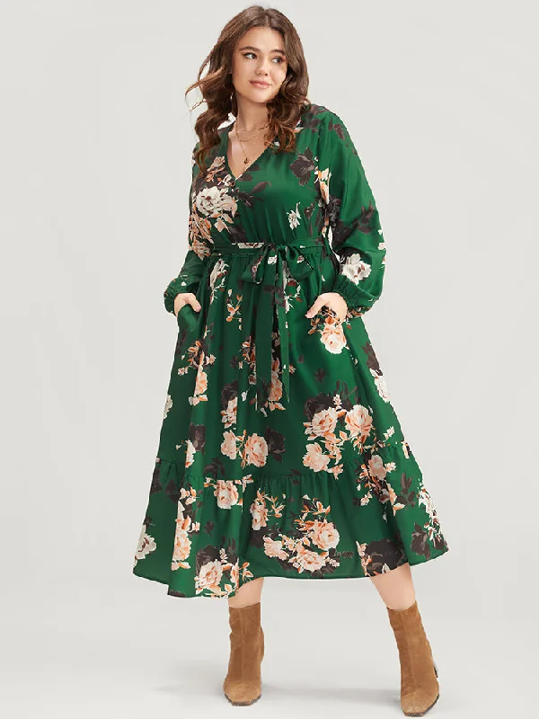 Plus size dresses for power dressing empower daily -Floral Print Lantern Sleeve Button Detail Pocket Belted Dress