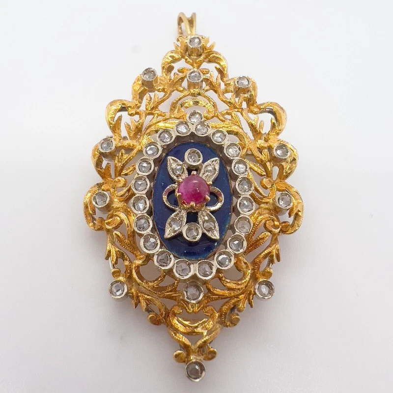 Best necklaces and pendants with gemstone clusters for a bold and colorful effect-Toliro 18k White & Yellow Gold Ruby Rose Cut Diamond Lapis Lazuli Pin / Pendant