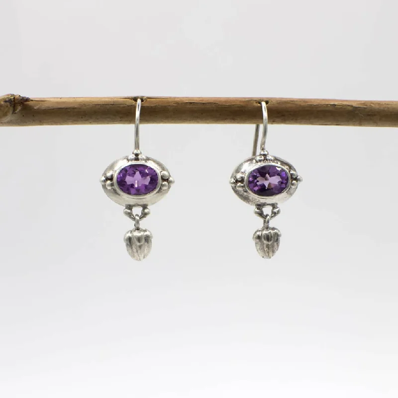 Retro Drop Earrings for Nostalgia -Drop earrings with unique geometric shapes -Vintage Genuine Amethyst and Sterling Silver Earrings