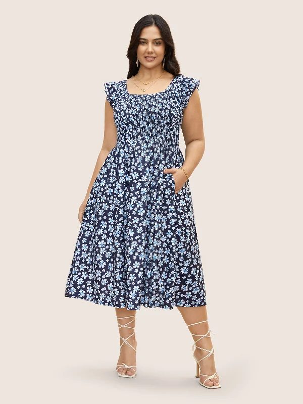 Plus size dresses for festive events shine loud -Ditsy Floral Shirred Ruffle Trim Midi Dress