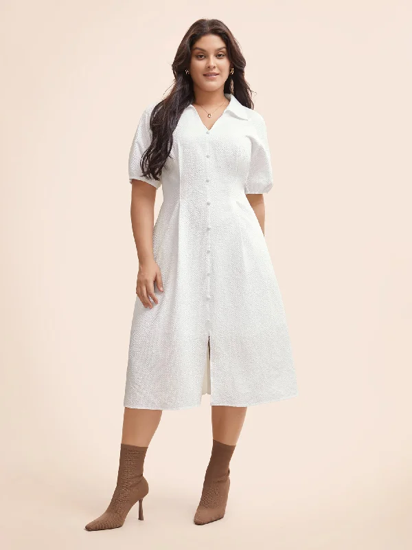 Flattering plus size dresses for curvy figures look stunning -Texture Shirt Collar Button Detail Split Front Dress